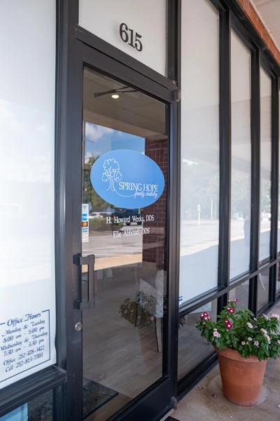 front doorway of Spring Hope Family Dentistry in Spring Hope, NC